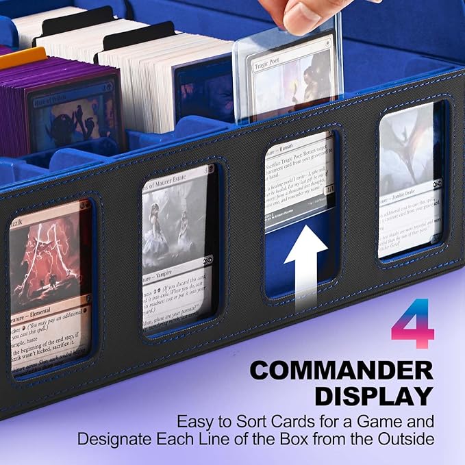 UAONO Trading Card Storage Box with Commander Display; 2400+ Deck Box for MTG with Removable Cover; Top Loaders Card Case fits Magic TCG PTCG Sports Cards; 24 Dividers, 4 Stoppers (Black, Blue)
