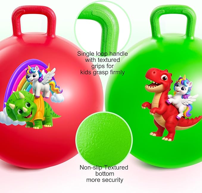 ZOOJOY Hopper Balls 2 Pack – 18 Inch Bouncy Ball with Handle, Hoppity Hop Balls for Kids Ages 3-8, Unicorn & Dinosaur Hopping Toy Gifts for Boys & Girls, with Pump for Indoor Outdoor Play