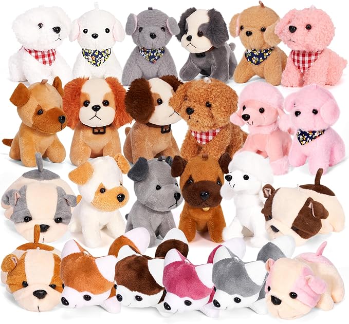 Niceup 24PCS Adopt a Puppy Party Favors Kids Mini Plush Dog Non-candy Easter Basket Stuffers Bulk Stuffed Animals Dog Paw Adoption Pet Doll Toys Birthday Party Goodie Bag Fillers Classroom Reward Gift