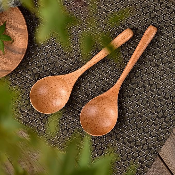 Soup Spoons,5PCS Wooden Spoons for Eating Wood Long Handle Rice Dessert Cooking Tasting Dinner Table Spoon Soup Spoons Asian Soup Spoon (Wood)