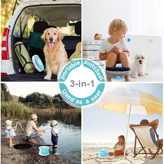 Travel Potty for Toddler, Portable and Foldable Toilet, Apply to Seat Emergency Toilet for Car, Camping, Outdoor, Indoor with 3 Rolls Bag（Light Blue)