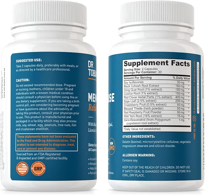 Dr. Tobias Menopause Relief with Black Cohosh, Soy Isoflavones, Don Quai, Hot Flash & Night Sweats Relief for Women, Non-GMO Menopause Supplements for Women, 60 Capsules, 30 Servings