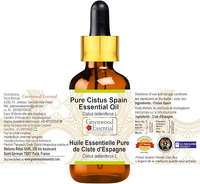 Greenwood Essential Cistus Spain Essential Oil (Cistus ladaniferus L) with Glass Dropper | Pure | Viscous Texture | Rich Aroma | Unisex | All Skin Types |Natural Extract Steam Distilled 5ml (0.16 oz)