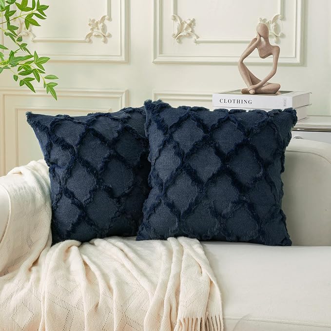 Set of 2 Soft Moroccan Throw Pillow Covers 24x24 Inch Plush Boho Decorative Pillow Cover Accent Cushion Case for Couch Sofa Bed, Navy Blue
