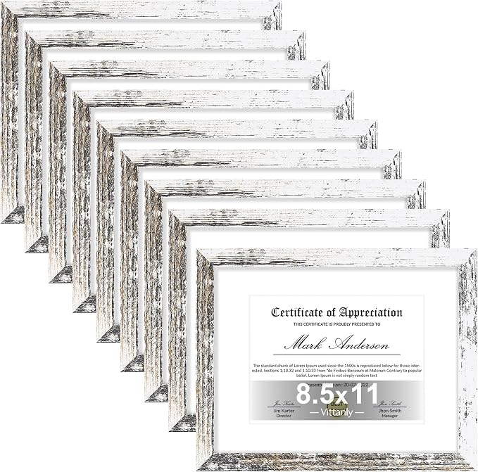 Vittanly 8.5x11 Picture Frames Set of 9, Shatter Resistant Plexiglass, Display 6x8 Pictures with Mat or 8.5x11 without Mat, Photo Frames for Wall or Tabletop, Engineered Wood, Distressed White