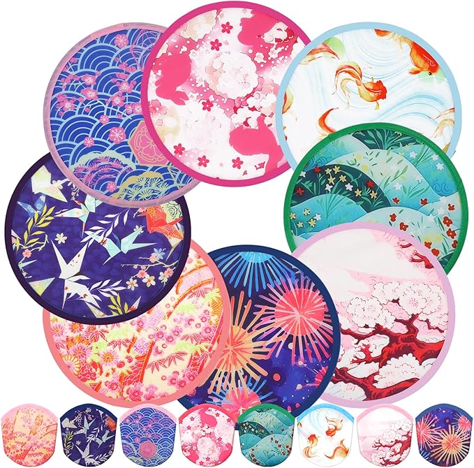 Gejoy 104 Pcs Foldable Japanese Style Summer Flower Handheld Round Fan for Women Men Daily Use Festival Wedding Party Favors Decorations Portable, 8 Styles