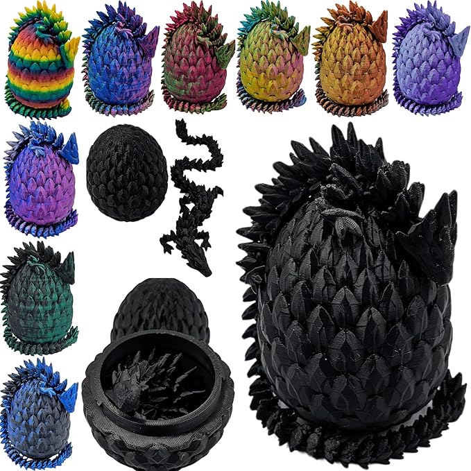Surprise Dragon Egg Articulating Gemstone Dragon Fidget Figurine - 3D Printed Dragons Flexible ADHD, Autism, Relief Anxiety - Articulated Joints (Black)