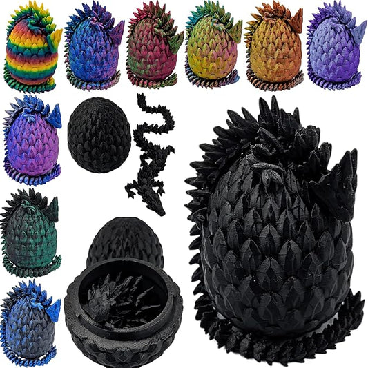 Surprise Dragon Egg Articulating Gemstone Dragon Fidget Figurine - 3D Printed Dragons Flexible ADHD, Autism, Relief Anxiety - Articulated Joints (Black)