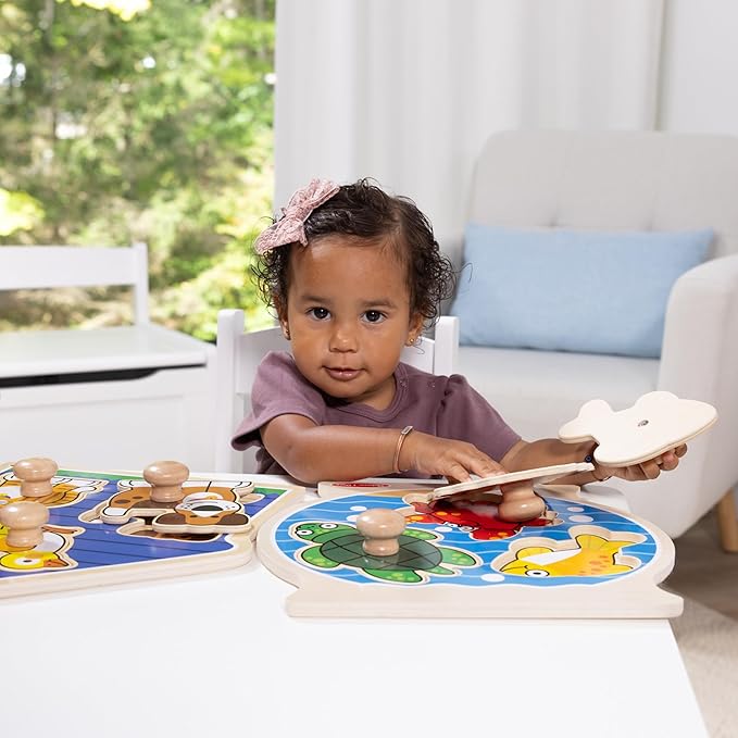 Melissa & Doug Wooden Jumbo Peg Puzzle 2-Pack – Fish Bowl, House Pets, 3-Piece for Toddlers Boys and Girls, Ages 1+ Years