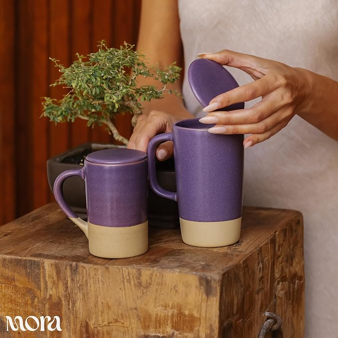 MORA Ceramics Tea Cup with Loose Leaf Infuser, Spoon and Lid, 12 oz, Microwave and Dishwasher Safe Coffee Mug - Rustic Matte Ceramic Glaze, Modern Herbal Tea Strainer - Great Gift for Women, Nebula