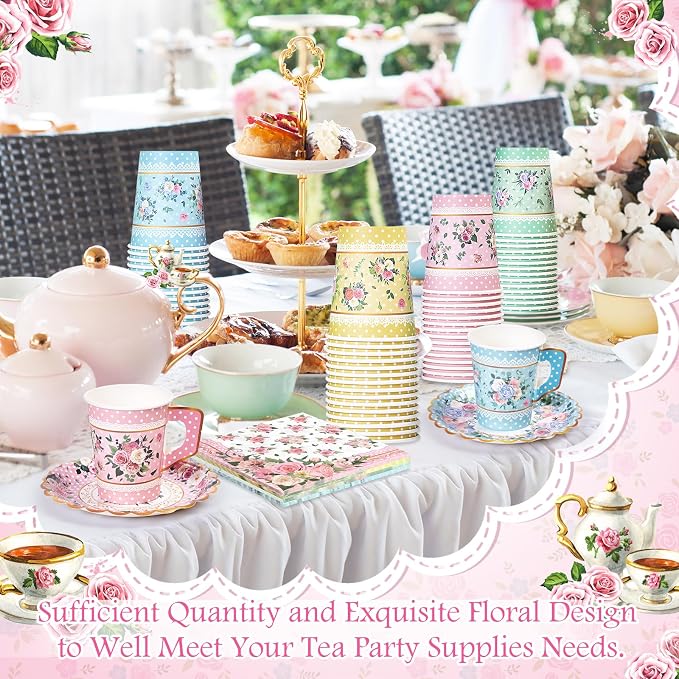 SUMMORO 180 Pcs Floral Paper Tea Cups and Plates 9 OZ Disposable Paper TeaCups and Saucers with Tea Party Napkins Set for Tea Party Decoration Birthday Wedding Bridal Shower Party Supplies