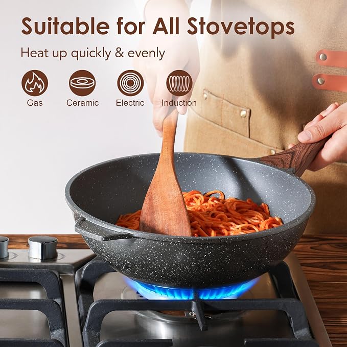 SENSARTE Nonstick Wok Pan with Lid 11-inch, Healthy Stir-fry Pan Induction Cookware with Swiss Granite Coating, Deep Frying Pan Skillet with Stay-cool Handle, PFOA Free