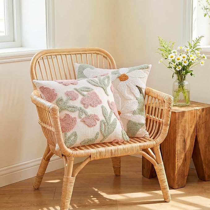 Summer Daisy Throw Pillow Covers 18x18 Inch Set of 2, Chenille Embroidered Pillowcase with 3D Tufted White Flowers Sage Green Leaves, Boho Decorative Cushion Covers for Couch Sofa Bed
