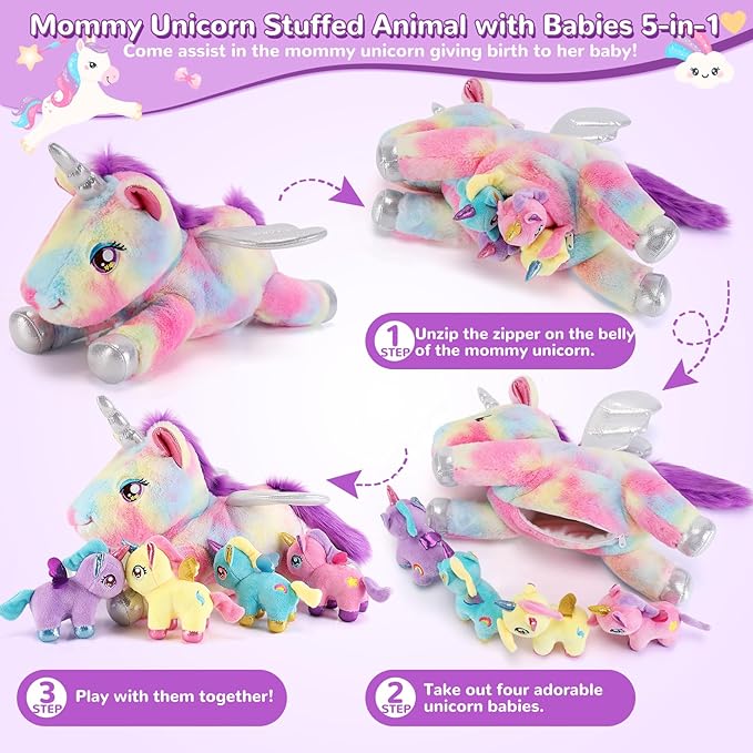 5 Pieces Unicorn Stuffed Animals - 1 Mommy Stuffed Unicorn with 4 Babies - Unicorns Gifts for Girls Ages 3-8, Unicorns Plush Toys for Christmas, Valentine's, Birthday Gifts (Rainbow)