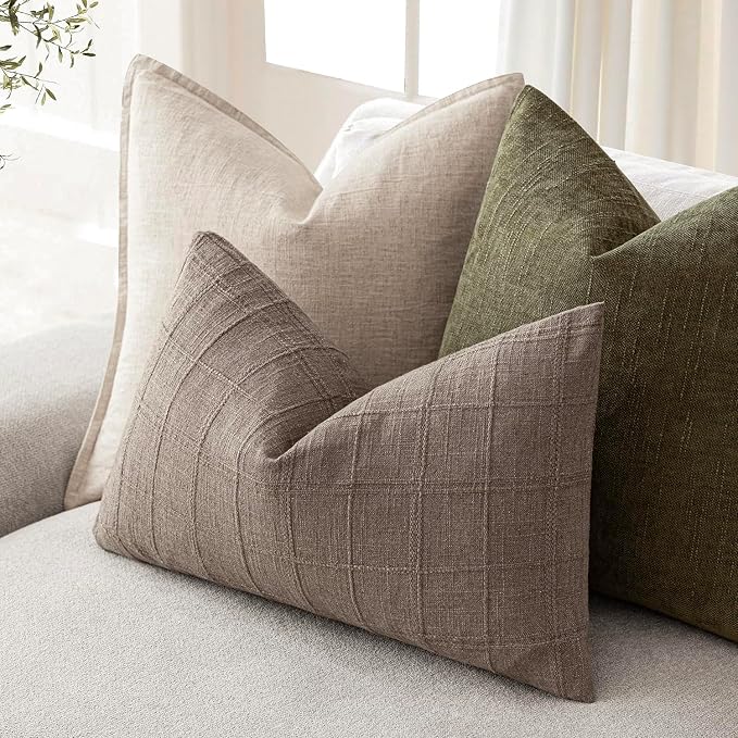 Foindtower Set of 2 Decorative Linen Check Throw Pillow Covers Neutral Farmhouse Lumbar Cushion Covers Modern Boho Home Decor for Sofa Chair Couch Bedroom Living Room,12×20 Inch,Tan Taupe