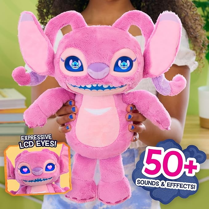 Disney Stitch Angel Many Moods 14-inch Interactive Plush, 50+ Sounds & Effects, Expressive LCD Eyes Show Her Moods, Toy for Fans, Girls, Boys, Kids 3 and Up by Just Play