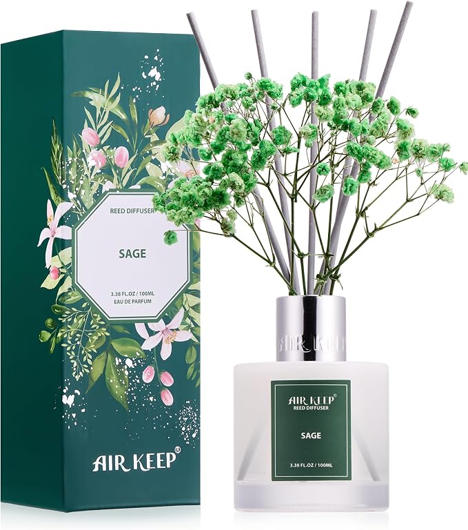 Airkeep Reed Diffuser Set, 3.38 fl oz (100 ml) - Sage Lemon Oil Diffusers with 8 Reed Sticks, Home Fragrance Reed Diffuser for Bathroom Shelf Decor