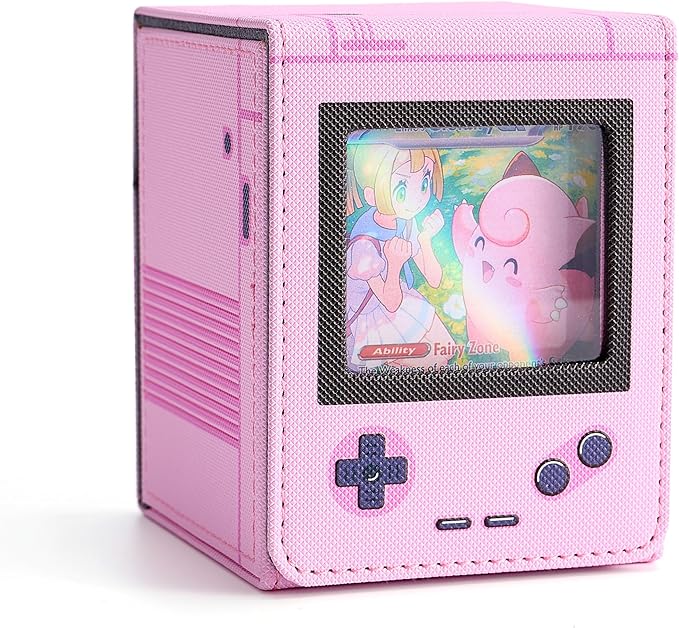 Retro Gaming Console Appearance MTG Deck Box with Commander Display, Card Deck Case Fit 120 Single Sleeved Cards, PU Leather Magnetic Card Storage Box with 2 Dividers, Compatible with TCG/PTCG (Pink)