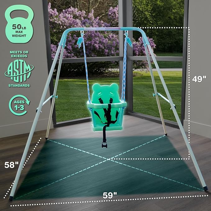 Sportspower My 1st Light-UpToddler Swing - Heavy-Duty Baby Indoor/Outdoor Swing Set with Safety Harness, Light Green, 59" L x 58" W x 49" H