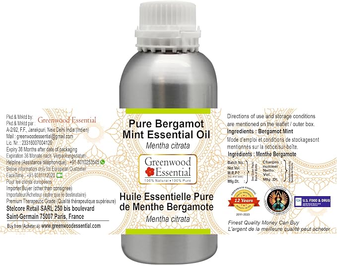 Greenwood Essential Pure Bergamot Mint Essential Oil (Mentha citrata) Steam Distilled 300ml (10.1 oz)