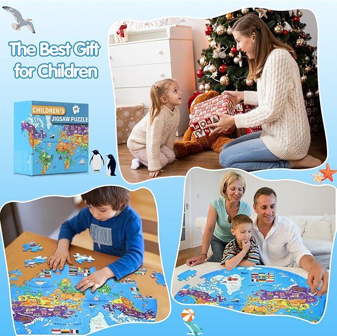 Glow in The Dark World Map Puzzles for Kids 4-6, 70 Pieces Large Globe Floor Puzzles for Kids Ages 6-8 Continents Geography Puzzle Educational Learning Toys for Children