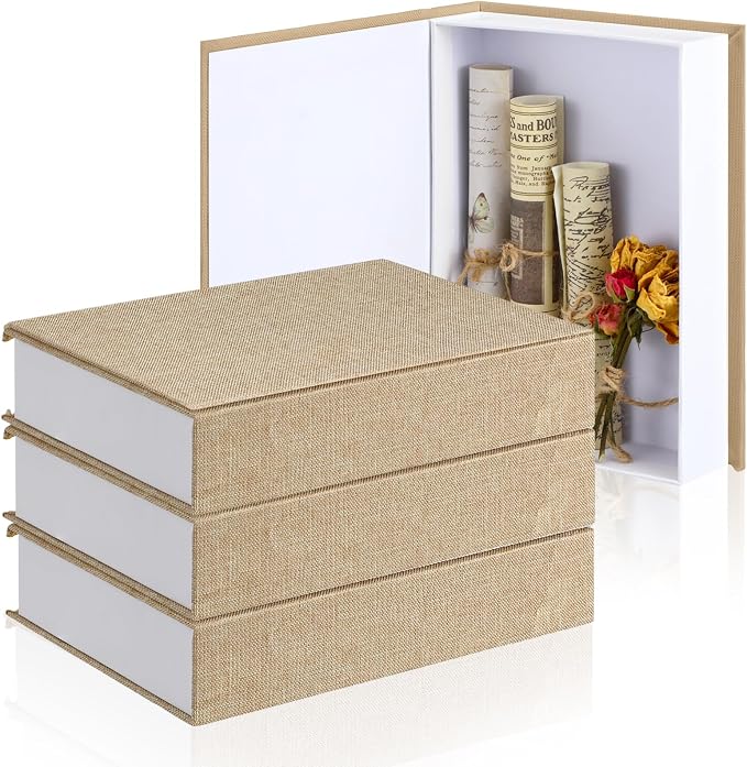 Tioncy 3 Pcs Decor Linen Faux Book Box Set Aesthetic DIY Fake Linen Book Box for Decor Storage Cafe Table Bookshelf Gift Home Keepsake(8.6 x 6.1 x 1.8 Inch,Beige)
