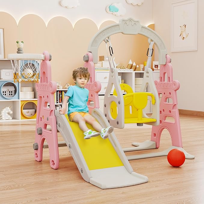 3-in-1 Kids Slide for Toddlers Slide and Swing Set,Indoor Playground for Children,Freestanding Outdoor Slides with Basketball Hoop,Outside Climber Playhouses,Baby Climbing Toys