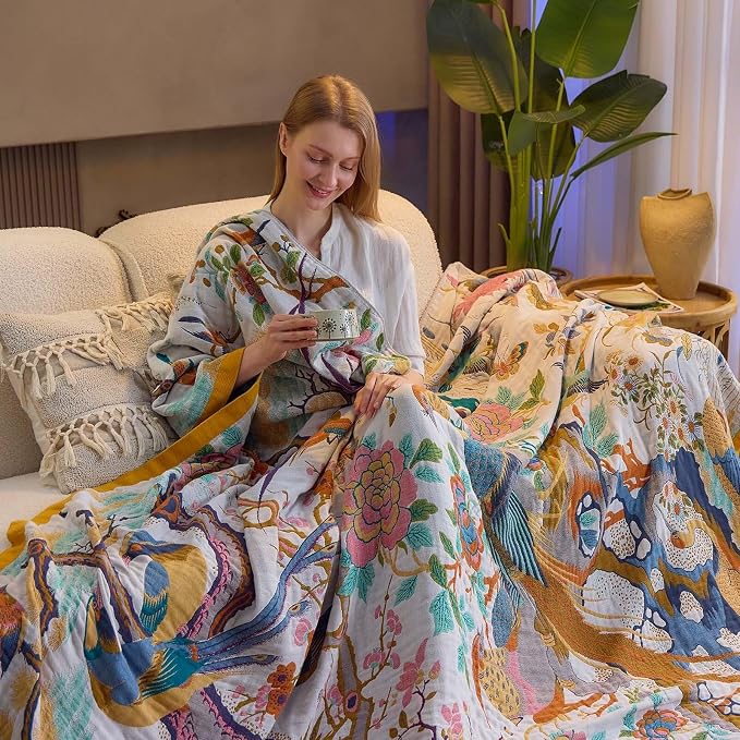 XIBLC Fall Throw Blanket for Couch, Yellow Boho Decorative Throw Blanket, 100% Cotton Muslin Breathable Woven Farmhouse Blankets Quilt, 80"x90" Reversible Lightweight Blankets Bohemian Throw Quilt