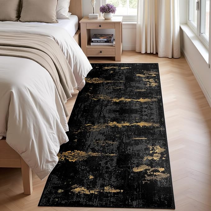 RELEANY Washable Runner 2'x10' Abstract Area Rug for Hallway Black Gold | carpet for kitchen, entryway, bathroom, living room, bedroom, printed pattern, non-slip, soft, stain-resistant, easy to clean