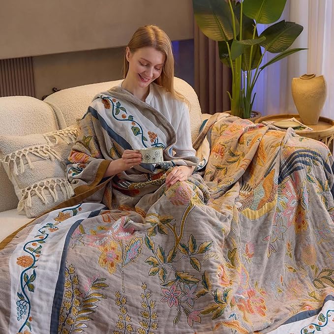 XIBLC Boho Blanket, 100% Cotton Farmhouse Decorative Throw Blanket, 80"x90" Reversible Bohemian Throw Blanket, Brown All Season Muslin Breathable Woven Blankets Quilt