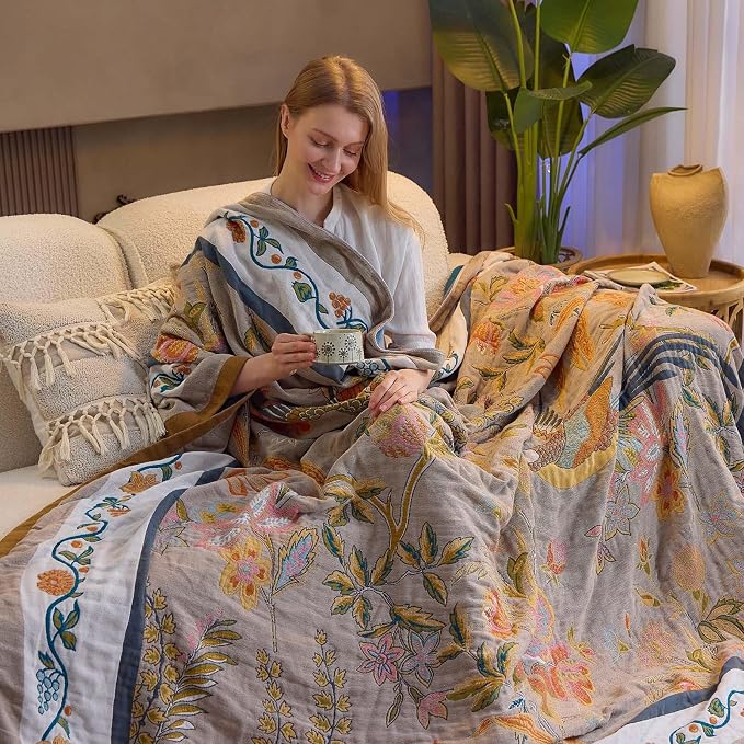 XIBLC Boho Blanket, 100% Cotton Farmhouse Decorative Throw Blanket, 60"x80" Reversible Bohemian Throw Blanket, Brown All Season Muslin Breathable Woven Blankets Quilt