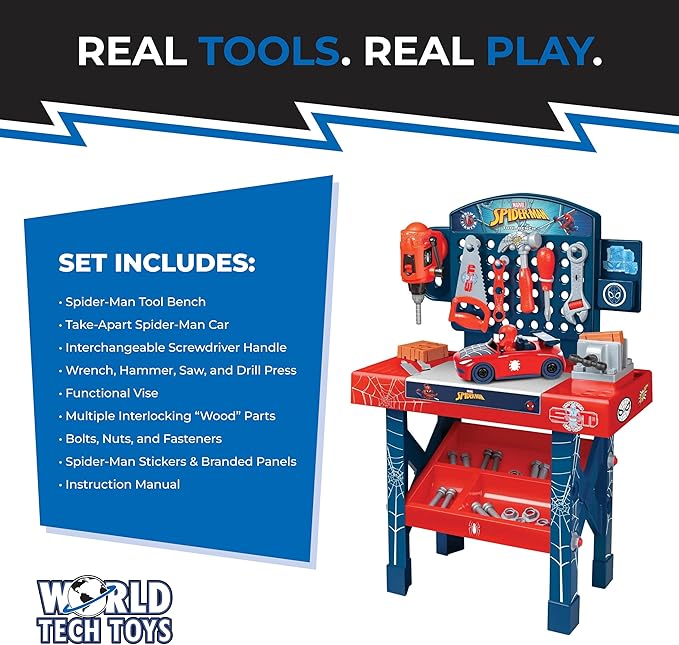 World Tech Toys Marvel Spider-Man Bench Set – Spiderman Tool Bench Playset with Take Apart Car - Official Marvel Licensed Product (55 Pieces)