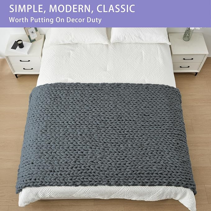 Bigacogo Chunky Knit Throw Blanket for Couch, 40x80 inches, Iron Gray | Hand Knit with Jumbo Chenille, Soft Breathable Cable Knit for Sofa Bed Living Room, Machine Washable, Gift for Mom Friend