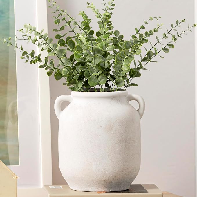 Vanselia Ceramic Flower Vase Home Table Decor Living Room Farmhouse 7.6 in | Small White Rustic Decorative Flowers Vases Plant Modern Decoration for Kitchen Shelf Coffee Dining Centerpieces Desk