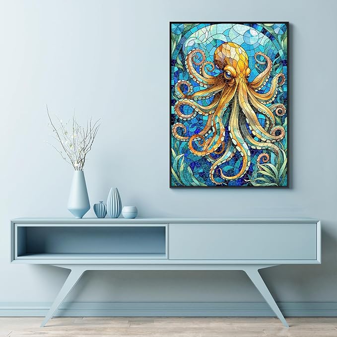Sutinban Stained Glass Octopus Puzzle 1000 Pieces, 1000 Piece Puzzle for Adults, Coolest Adult Jigsaw Puzzle for Sea Creatures Lovers, Great Gift for Family, 27.5’’x19.7’’