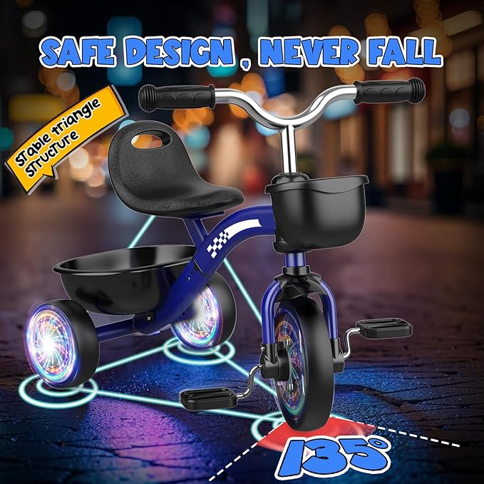 Toddler Tricycle for 1-3 3-4 Year Olds, Toddler Baby Bike, 2 3 4 Year Old Boys Girls Birthday Gifts, Outdoor Riding Toys for Ages 2-4, 3-Level Adjustable Seat, 3 Color Light Wheels, 2 Baskets