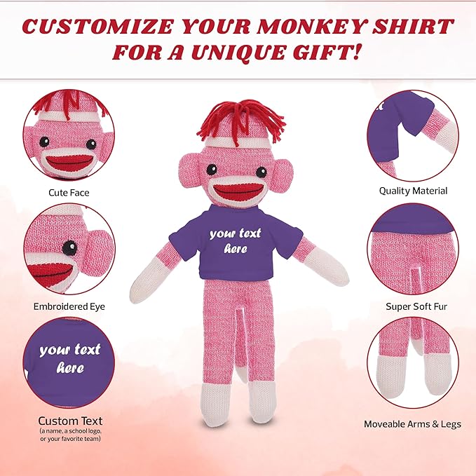 Personalized Huggable Pink Sock Monkey 8 Inch Plush Stuffed Animal Gift - Custom Text on Shirt - Perfect for Valentine's Day, Halloween, Graduation Day, Birthday Present