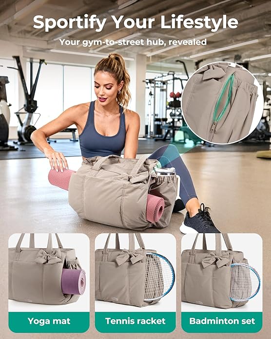 BAGSMART Crush Bow Tote Bag for Women, Puffer Travel Work Yoga Laptop Bag | Large Bow Tote Fits 40oz Tumbler, 15.6" Laptop, Yoga Mat Sleeve, Waterproof Pocket, Travel Work Swim Gym Mom Shoulder Handbag
