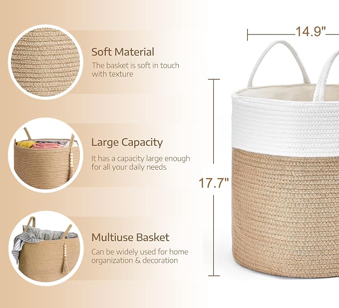 Mkono Woven Storage Basket for Blanket, Toys Plant Organizer, 15"W x 17.7"L | Cream White and Brown, Decorative Basket with Handle, Wood Beads Tassel, Shoes Towel Storage Bin, Living Room Bedroom Nursery