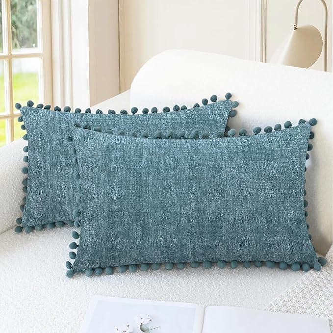 CaliTime Decorative Couch Throw Pillow Covers 20 X 12 Inches Smoke Blue | Pack of 2, Cozy Chenille Cushion Cases, with Pom Poms for Sofa Bed Living Room Farmhouse Home