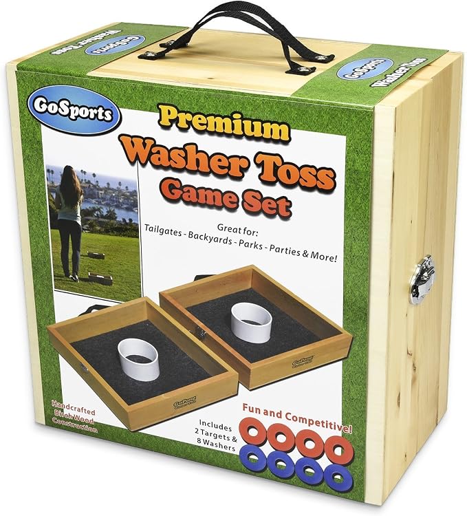GoSports Premium Birch Wood Washer Toss Game - Portable Set Includes 2 Targets and 8 Washers - For Backyard and Outdoor Acitivies for Family and Adults
