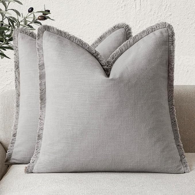 Foindtower Set of 2 Decorative Linen Fringe Throw Pillow Covers Cozy Farmhouse Cushion Cover with Tassels Accent Pillowcase for Couch Chair Sofa Bed Living Room Home Decor,18×18 Inch,Light Rustic Gray