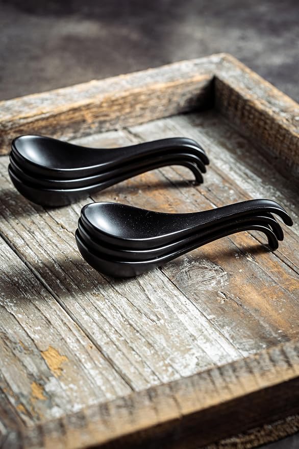 LYEOBOH Soup Spoons, Ceramic Ramen Spoon Set of 6-6.5inch Japanese Spoons | Chinese Spoons with Deep Hook Non-slip, Stackable Korean Spoons Deep for Pho Pasta Cereal, Dishwasher & Microwave Safe, Black