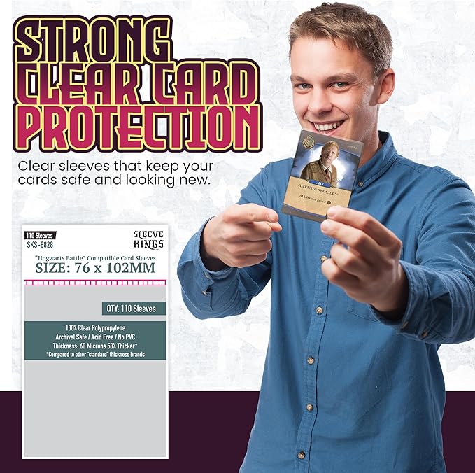 Sleeve Kings Standard Card Sleeves – 110 Count, Clear 60 Micron Thickness, Large Size (76 x 102 mm), Compatible with Hogwarts Battle & More – SKU: SKS-8828