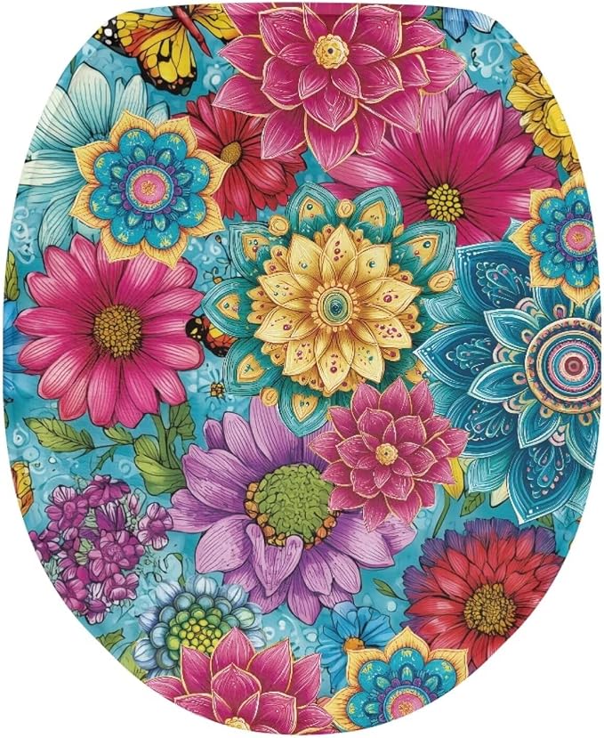 Hippie Lotus Toilet Seat Cover with Elastic Band for Bathroom Colorful Hippie Lotus Toilet Tank Dust Cover Soft Toilet Seat Cover Universal for Most Toilet Bowl Lids