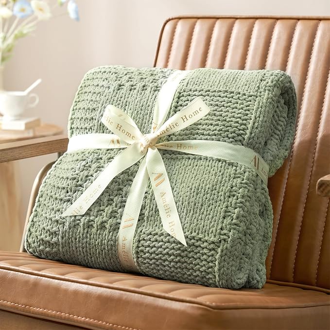 Knit Throw Blanket, Soft Chenille Cozy Breathable Checkered Chunky Decorative Blanket for Couch, Bed & Sofa, French-Inspired Lightweight Warm Gift for Women, Sage Green, 50"x60"