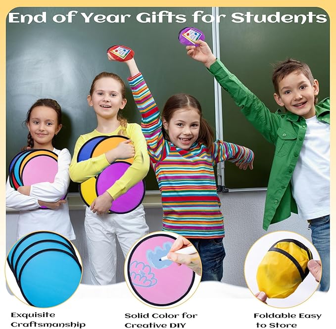 End of the Year Gifts for Students Bulk Foldable Flying Disc Fans Set with Stickers Bags, End of Year Student Gifts from Teacher Beach Fun Folding Pocket Hand Fans for Outdoor Activities Games