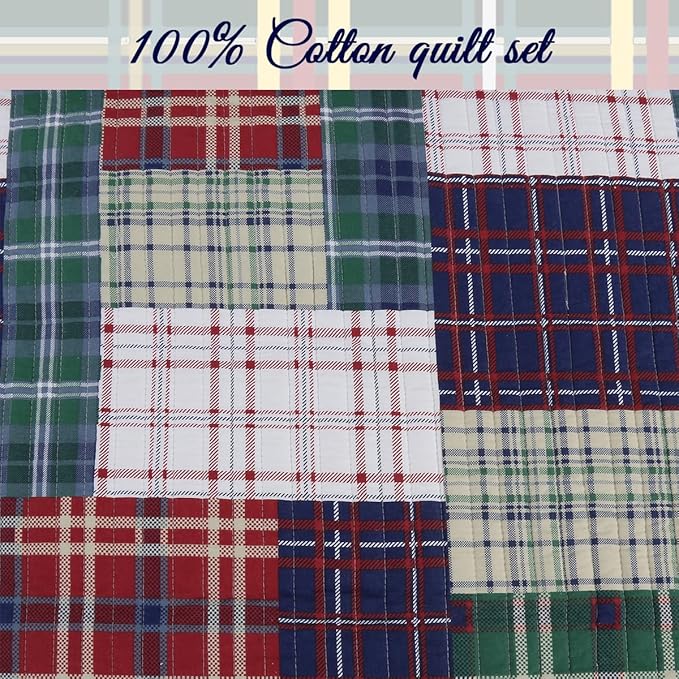 Cozy Line Home Fashions Nate Patchwork Quilt Set, Green Red Navy White 100% Cotton Reversible Coverlet Bedspread for Boy (Nate Patchwork, Twin - 2 Piece)