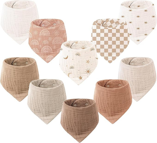 Konssy Muslin Baby Bibs 10 Pack Baby Bandana Drool Bibs 100% Cotton for Unisex Boys Girls