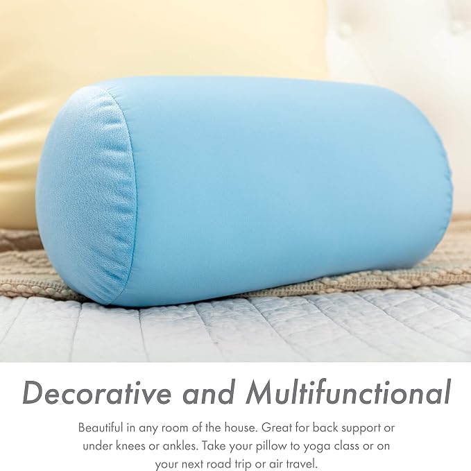 Microbead Bolster Neck Roll Pillow, Gently Body, Head, Neck & Shoulders No Pain Rest, Relax Sleep - Silky Feel Prevent Wrinkles & Hair Breakage - Lightweight Cylinder Tube, 14" x 8", Sweet Baby Blue